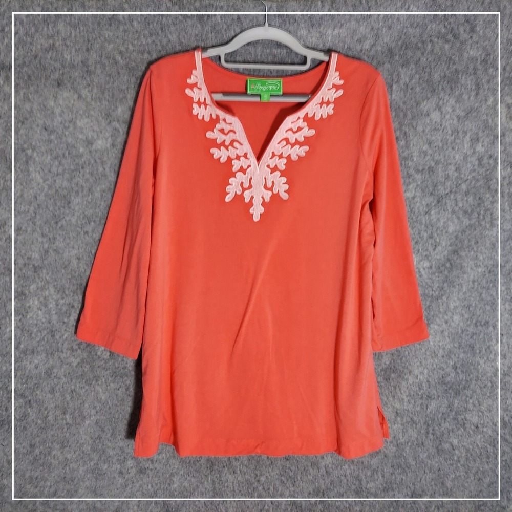 Pappagallo Tunic M‎ Pink Embroidered Reef Coastal Nautical Modal Slit Stretch
